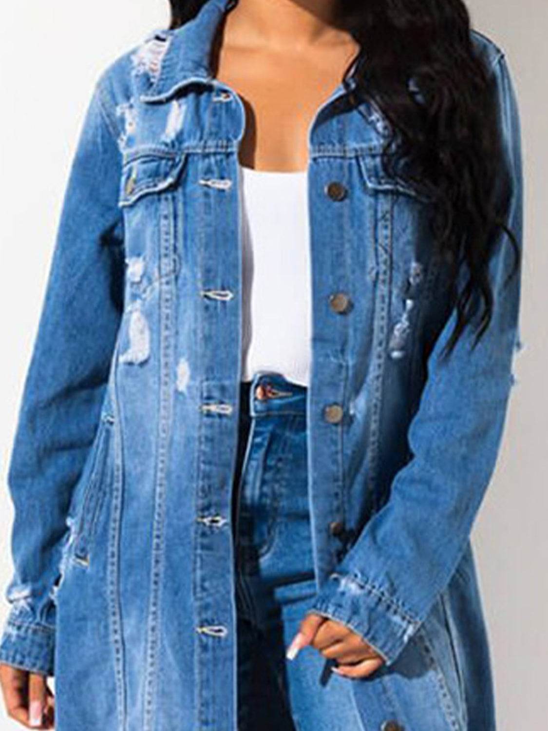Long Sleeve Raw Hem Denim Jacket - Delanoir
