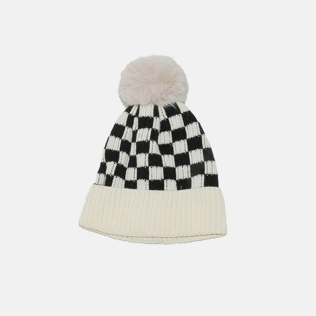 Checkered Knit Hat with Pompom - Delanoir