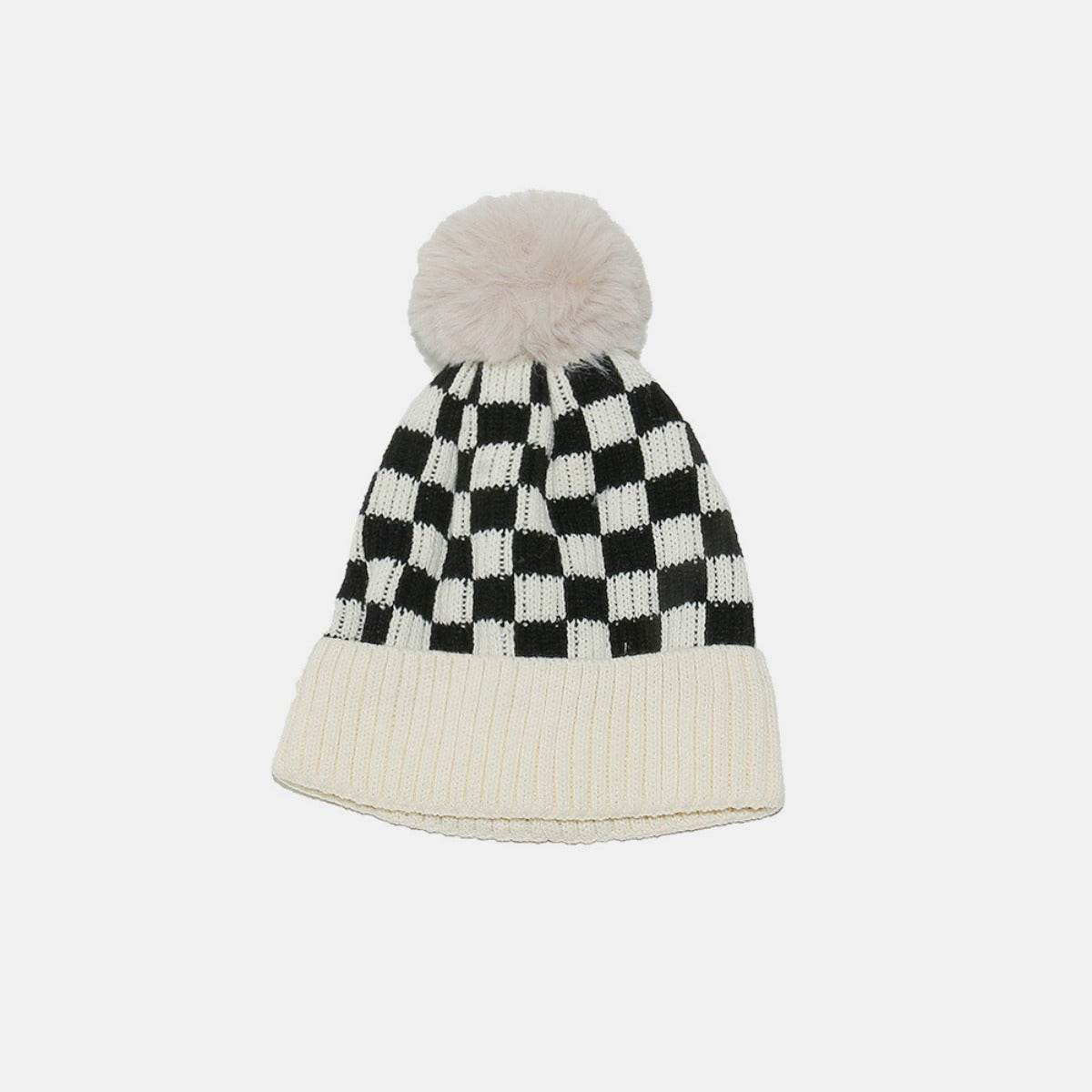 Checkered Knit Hat with Pompom - Delanoir