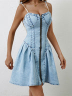 Ruched Zip Up Spaghetti Strap Denim Dress - Delanoir