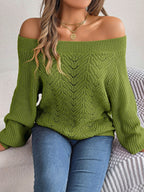 Openwork Off-Shoulder Long Sleeve Sweater - Delanoir