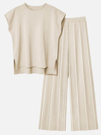 Round Neck Cap Sleeve Top and Pants Knit Set - Delanoir