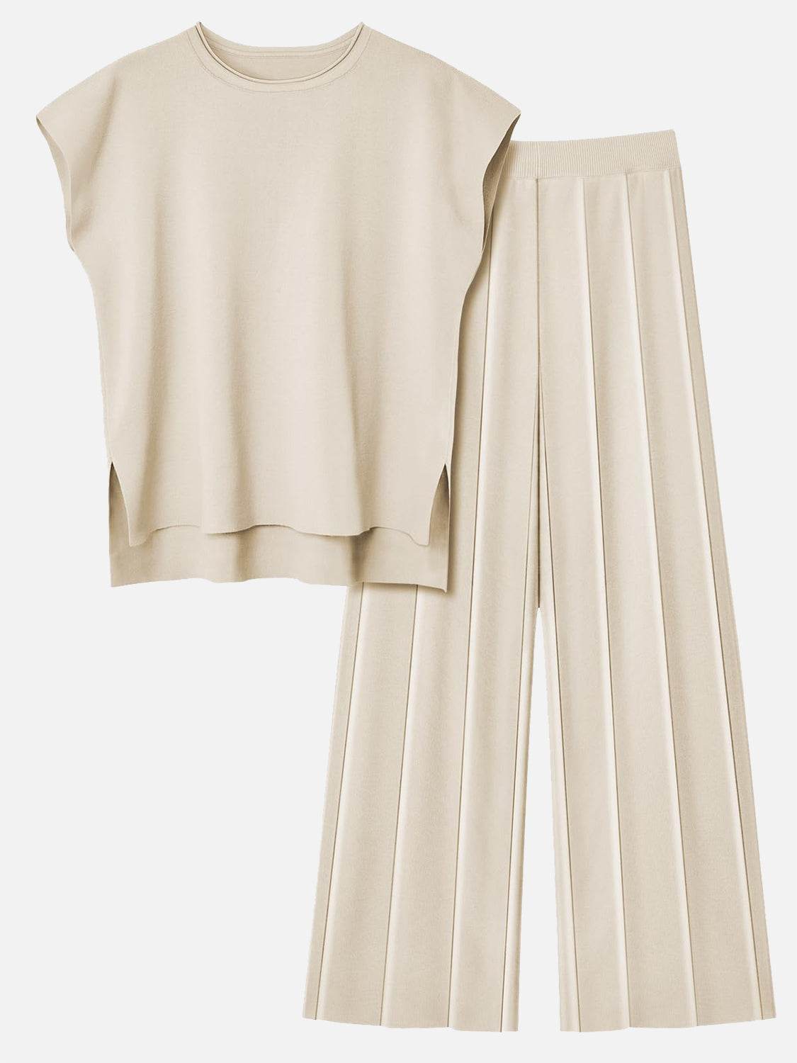 Round Neck Cap Sleeve Top and Pants Knit Set - Delanoir
