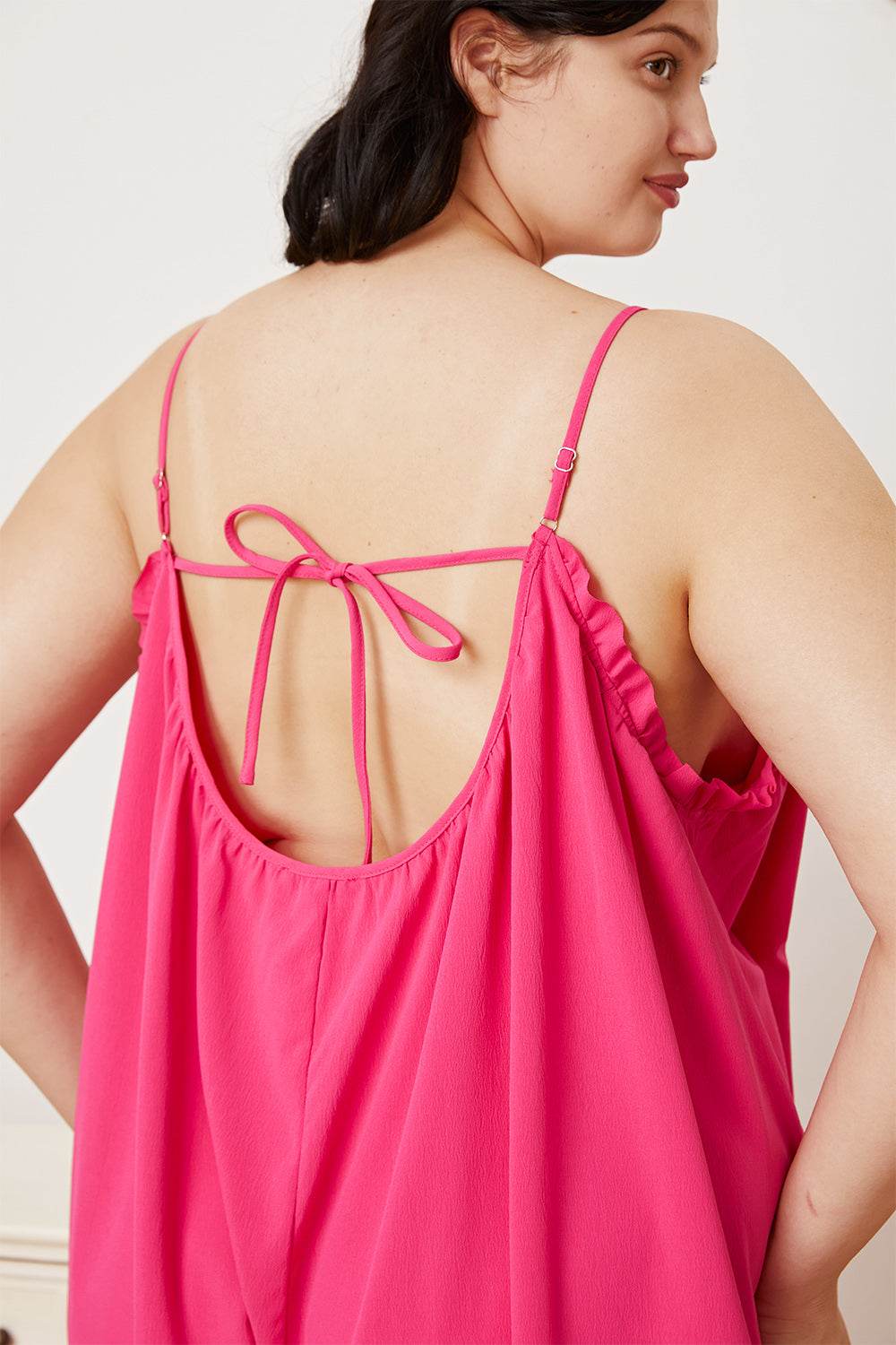 Double Take Full Size Ruffle Trim Tie Back Cami Jumpsuit with Pockets - Delanoir
