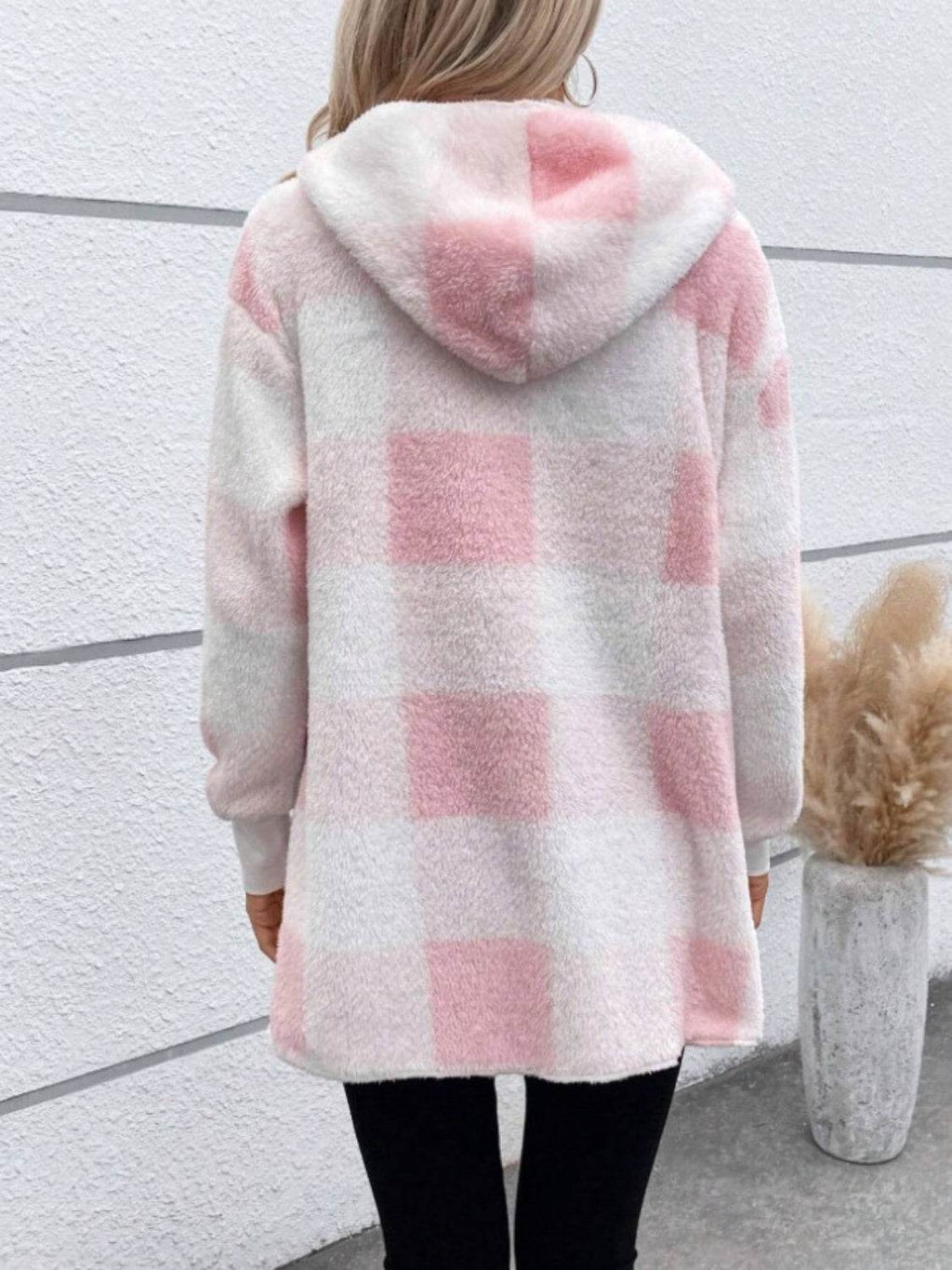 Plaid Long Sleeve Hooded Coat - Delanoir