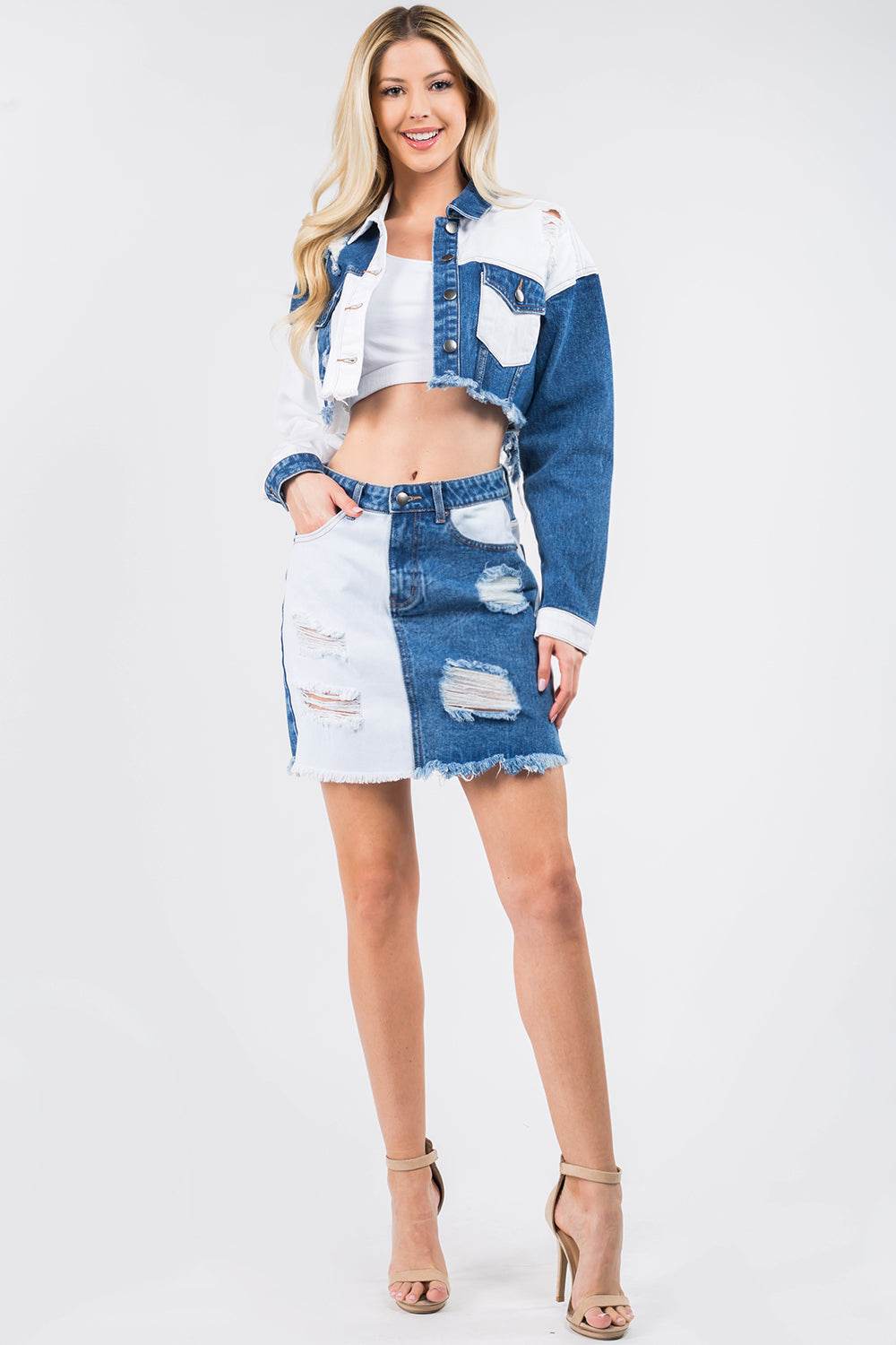 American Bazi Contrast Patched Frayed Denim Distressed Skirts - Delanoir