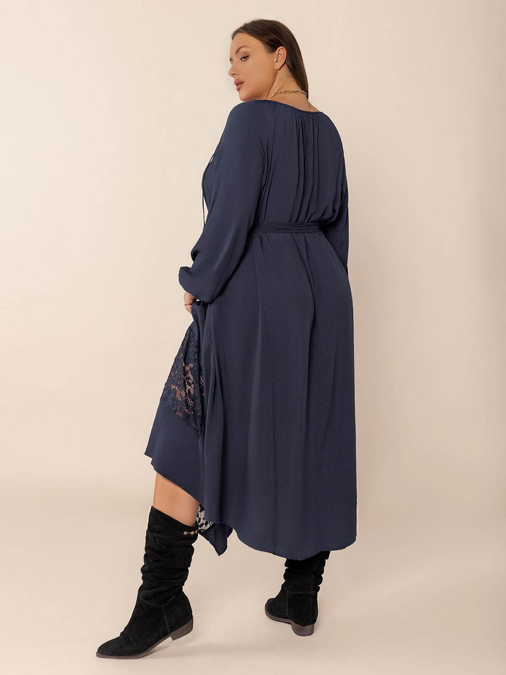 Plus Size Lace Detail Tie Neck Long Sleeve Midi Dress - Delanoir