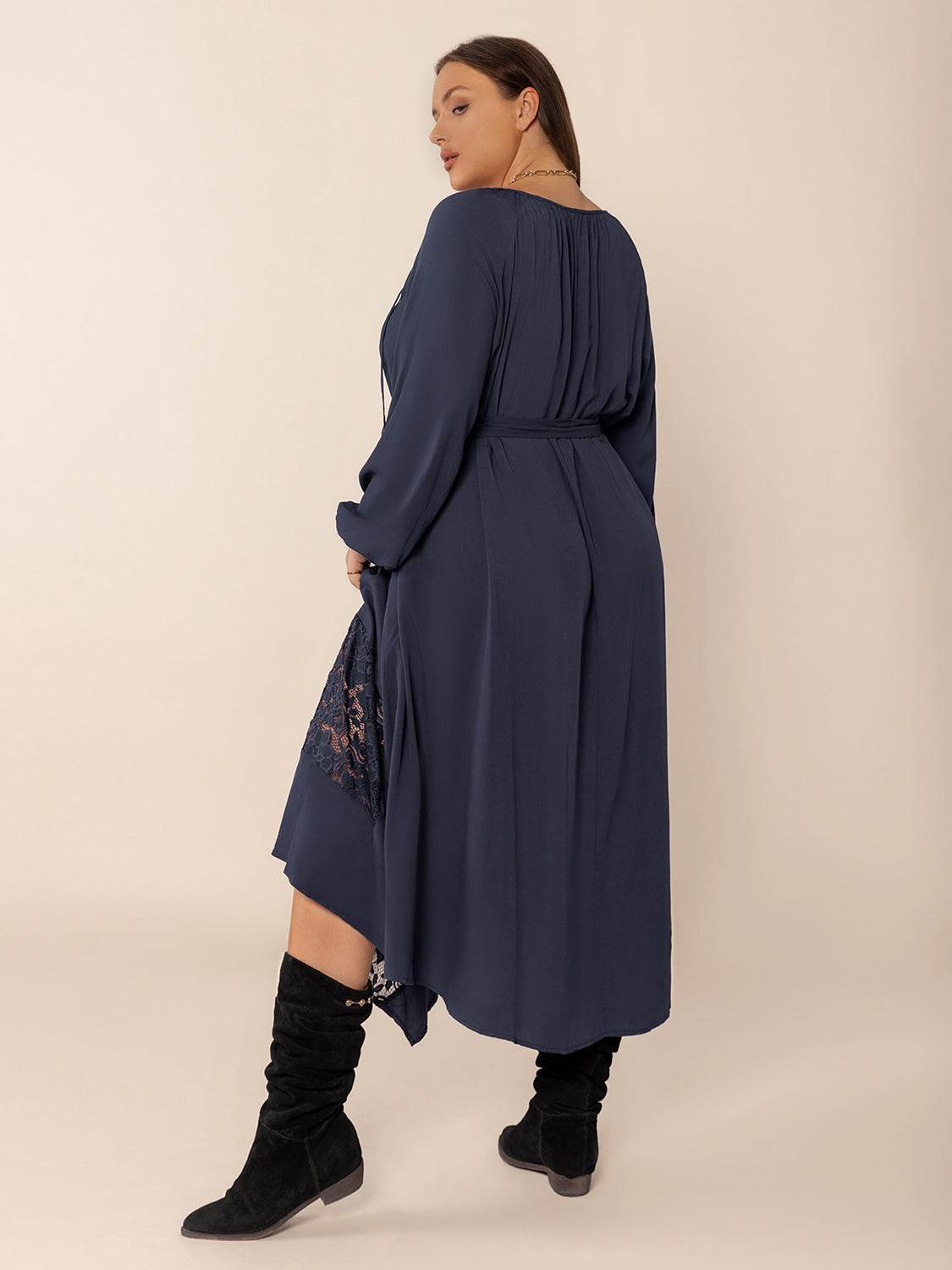 Plus Size Lace Detail Tie Neck Long Sleeve Midi Dress - Delanoir