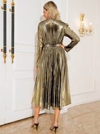 Tie Waist Long Sleeve Midi Dress - Delanoir
