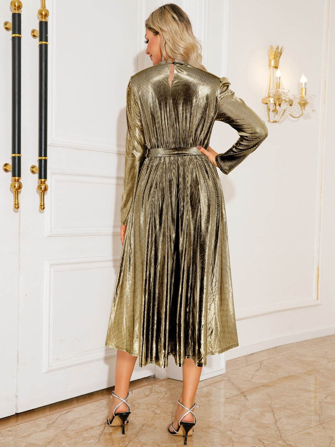 Tie Waist Long Sleeve Midi Dress - Delanoir
