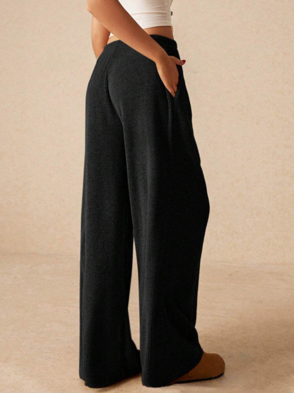 Ribbed Drawstring Wide Leg Pants - Delanoir