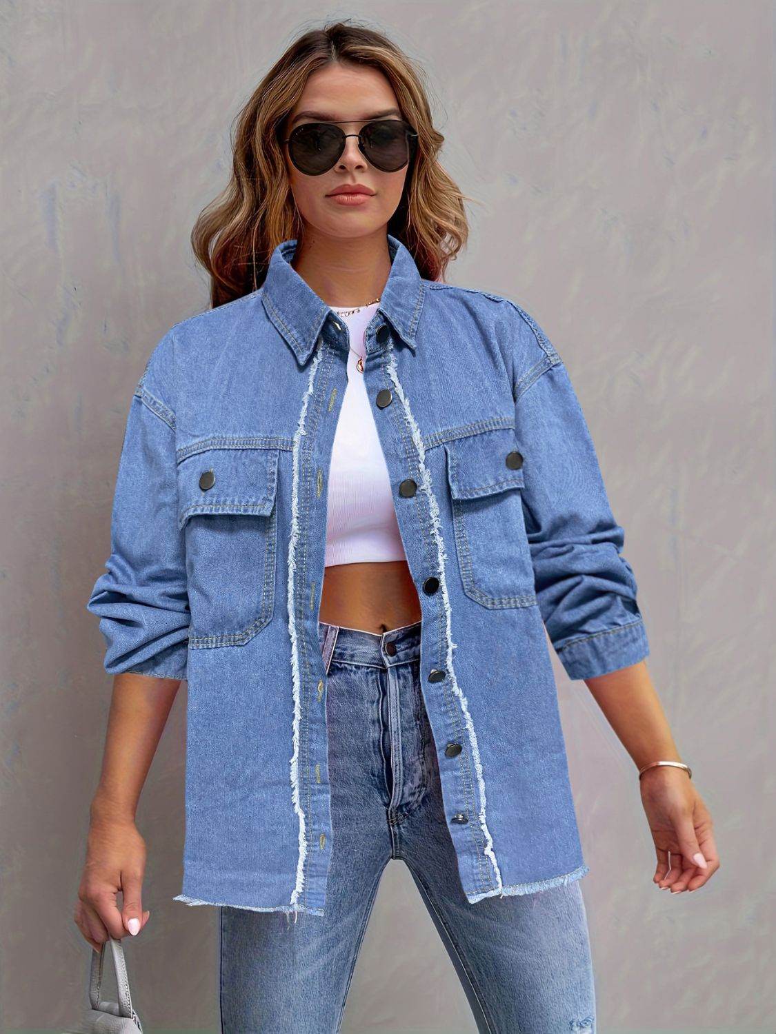 Pocketed Collared Neck Long Sleeve Denim Shirt - Delanoir
