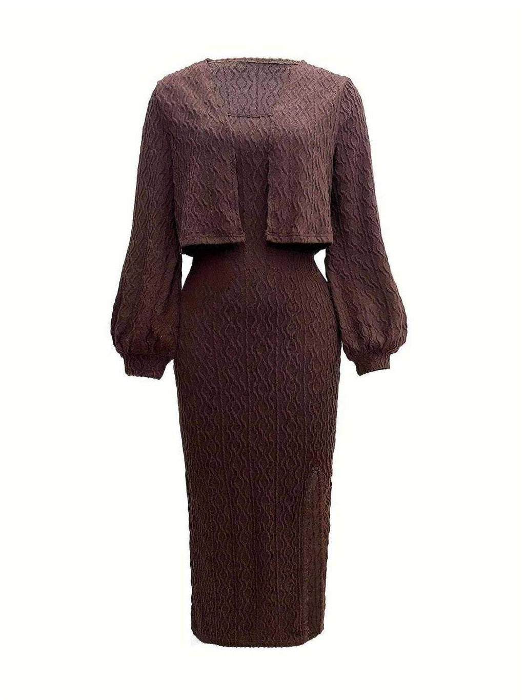 Open Front Long Sleeve Cardigan and Side Slit Cami Dress Set - Delanoir