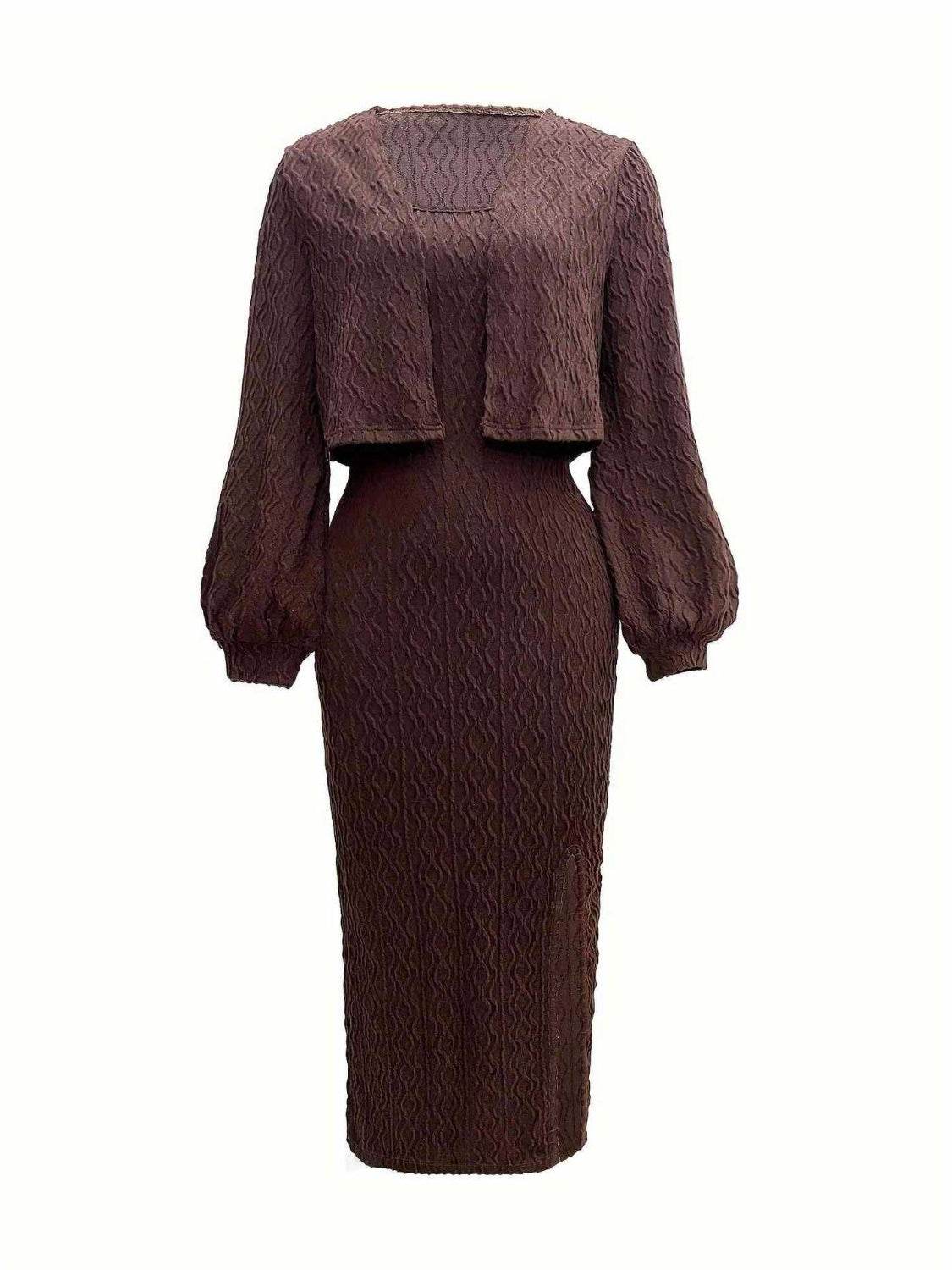 Open Front Long Sleeve Cardigan and Side Slit Cami Dress Set - Delanoir