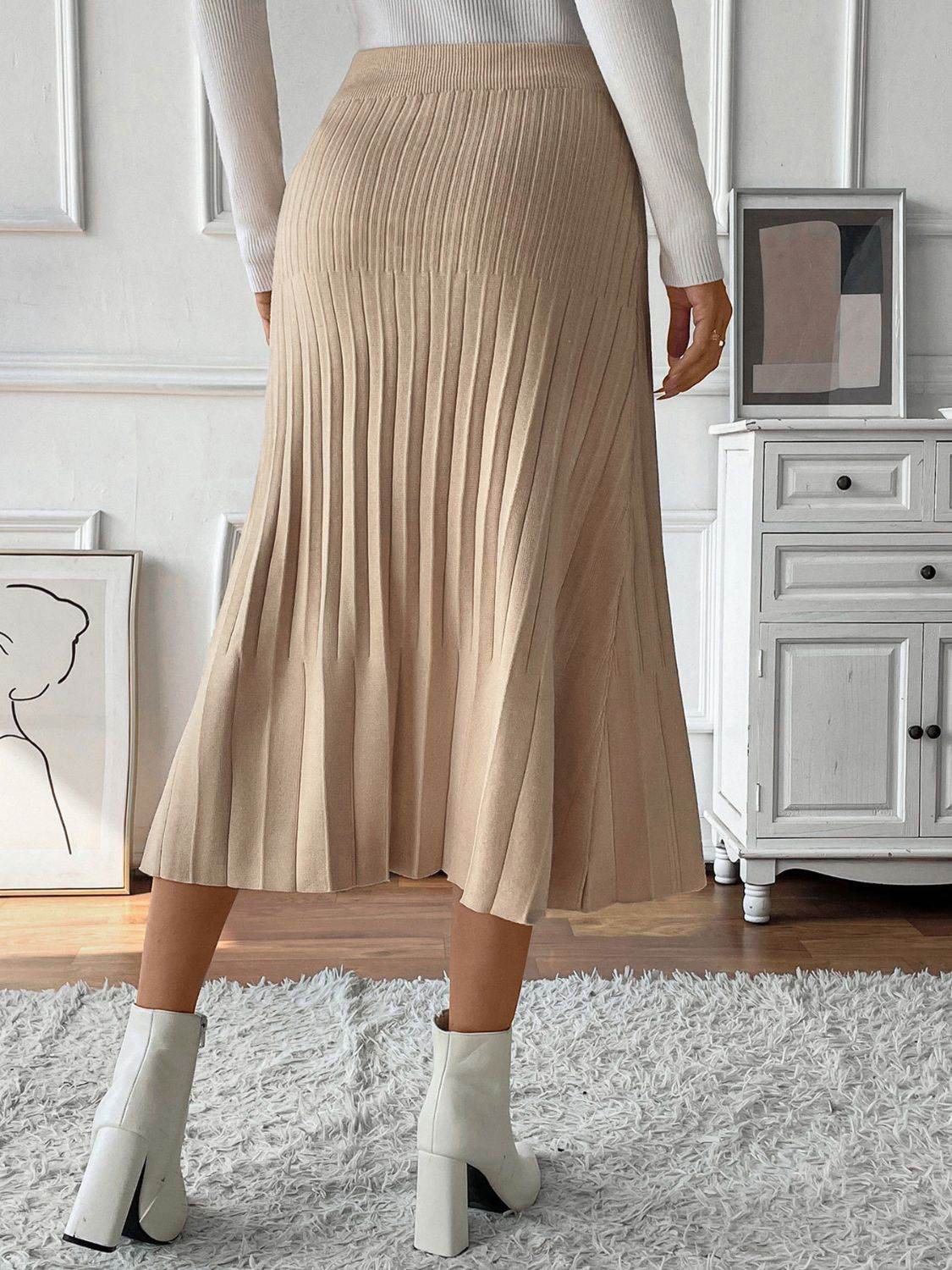 Perfee Pleated Midi Sweater Skirt - Delanoir