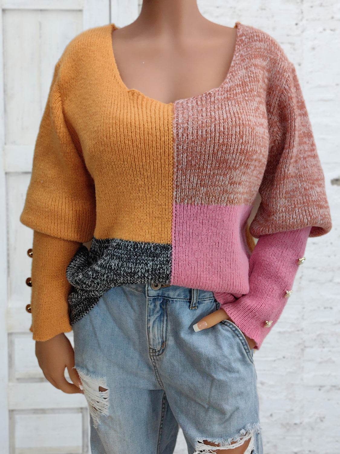 Color Block Decorative Button Long Sleeve Sweater - Delanoir