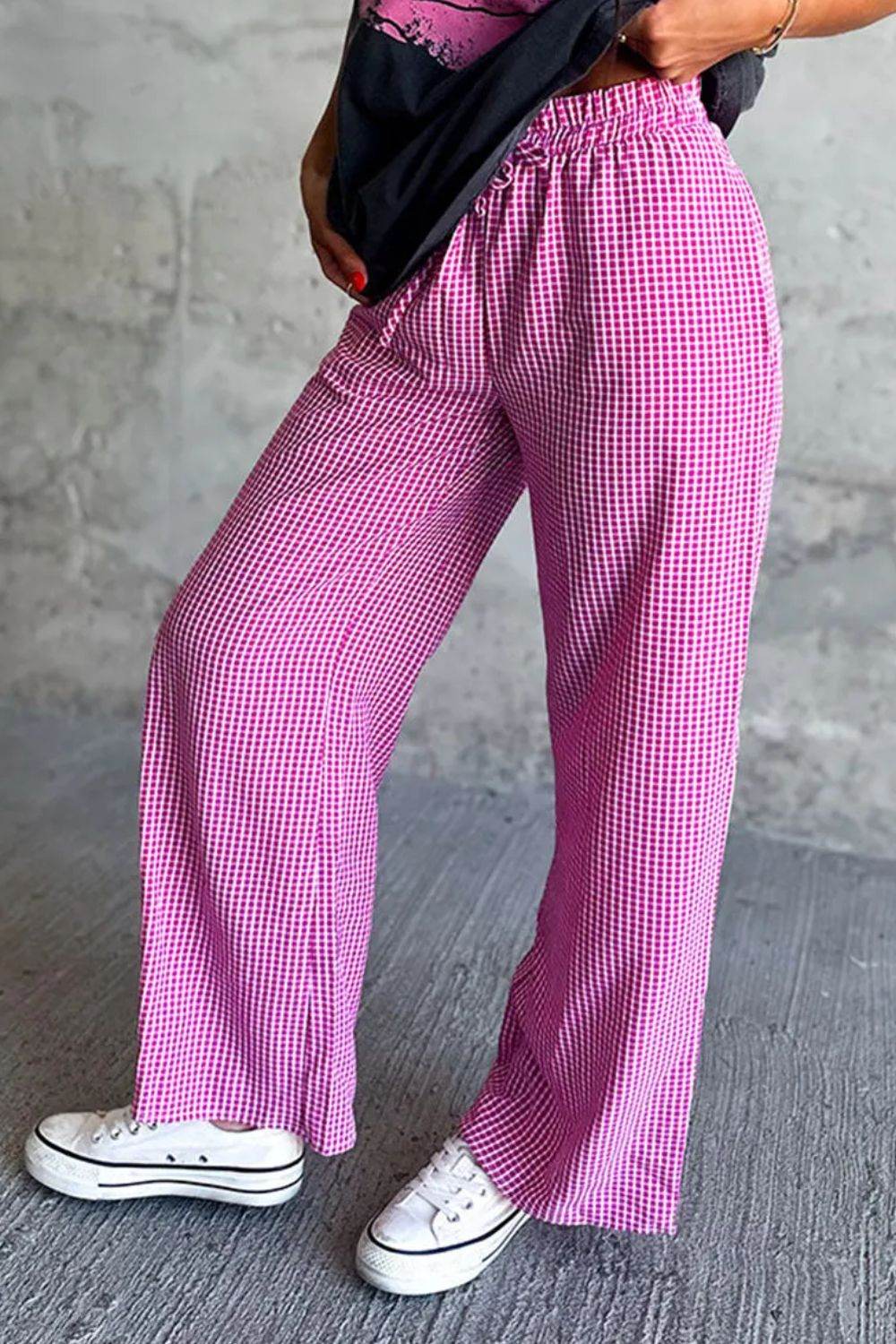Plaid Wide Leg Pants with Pockets - Delanoir