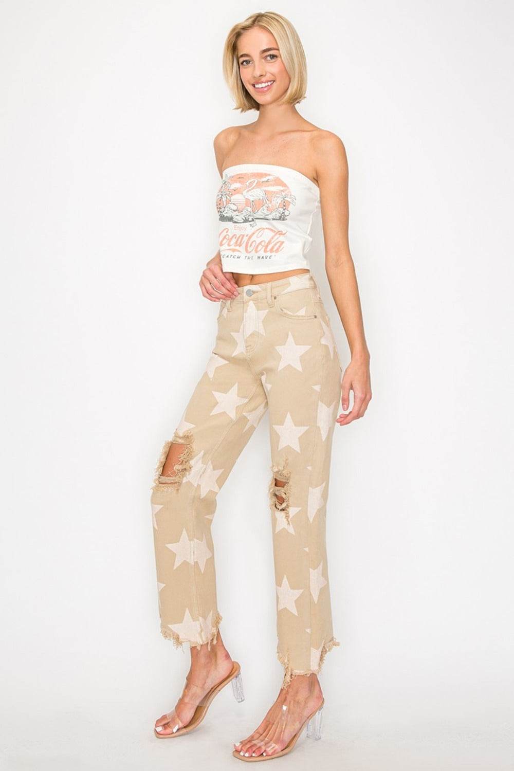 RISEN Full Size High Rise Star Printed Frayed Hem Jeans - Delanoir