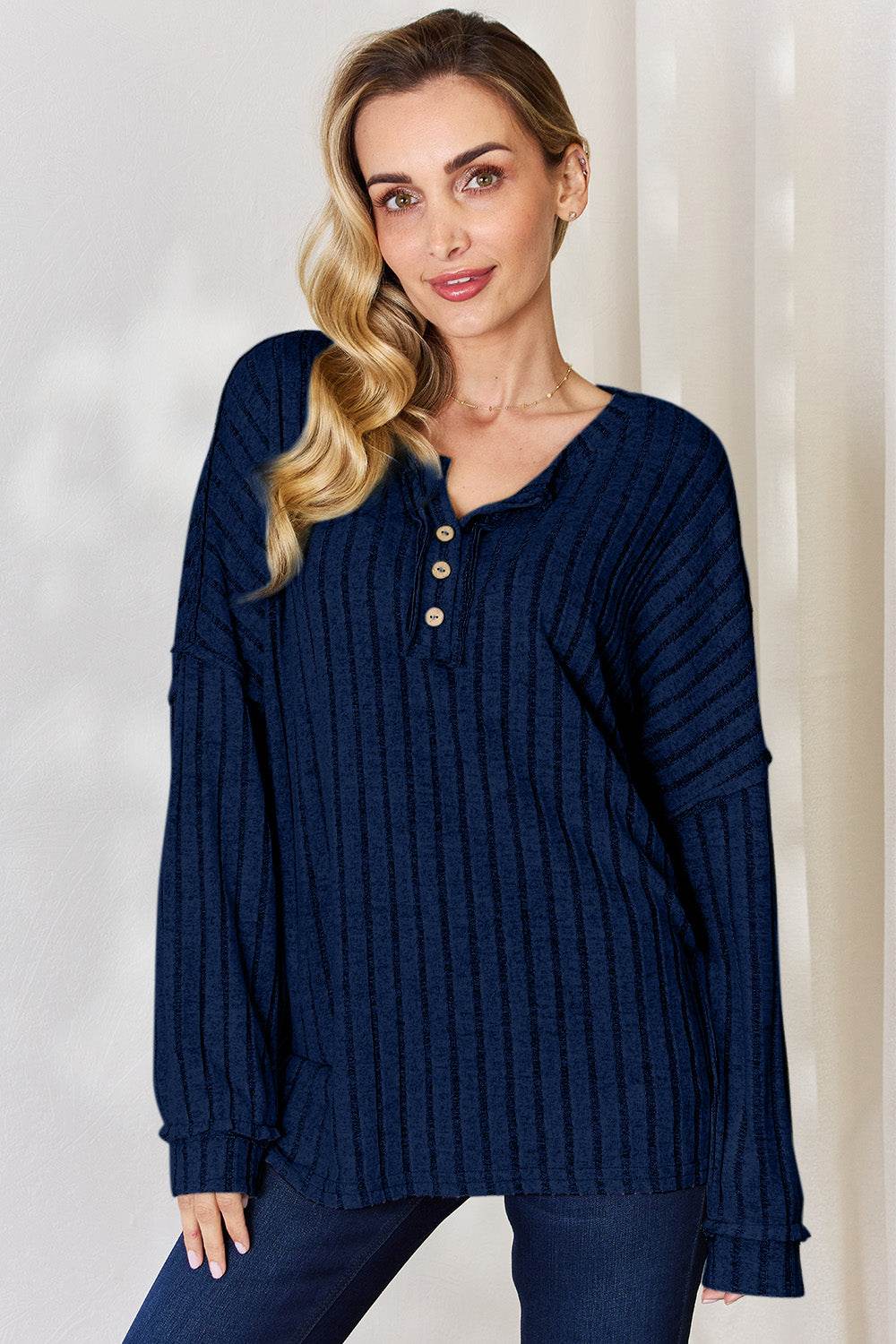 Basic Bae Full Size Ribbed Half Button Long Sleeve T-Shirt - Delanoir