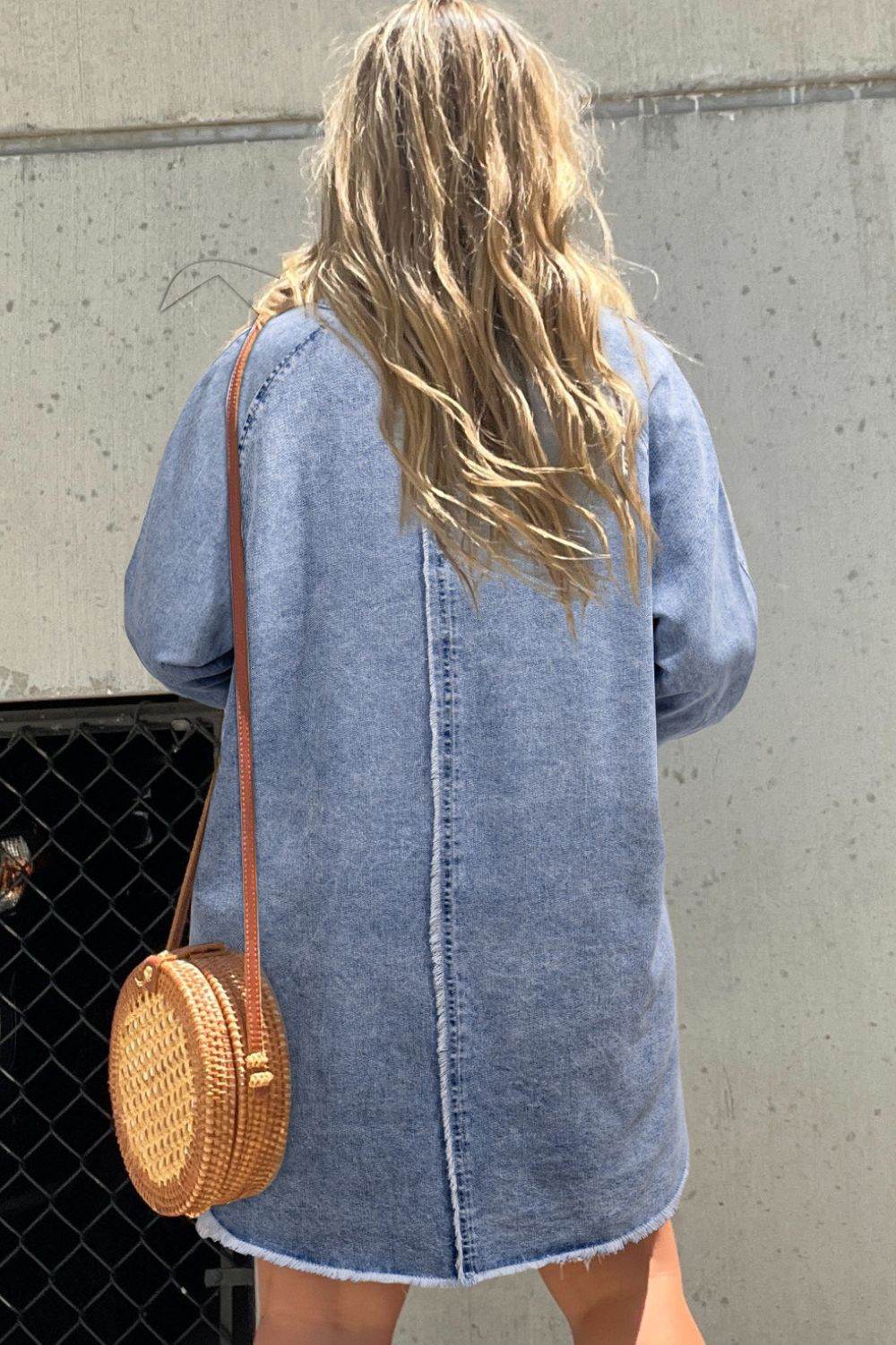 Raw Hem Button Down Long Sleeve Denim Dress - Delanoir