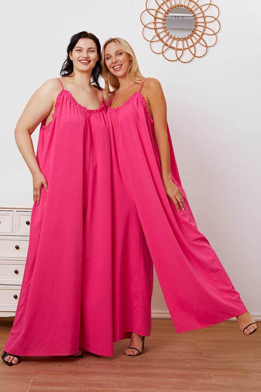 Double Take Full Size Ruffle Trim Tie Back Cami Jumpsuit with Pockets - Delanoir