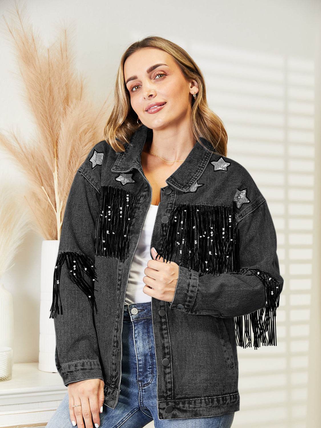 Fringe Detail Long Sleeve Denim Jacket - Delanoir