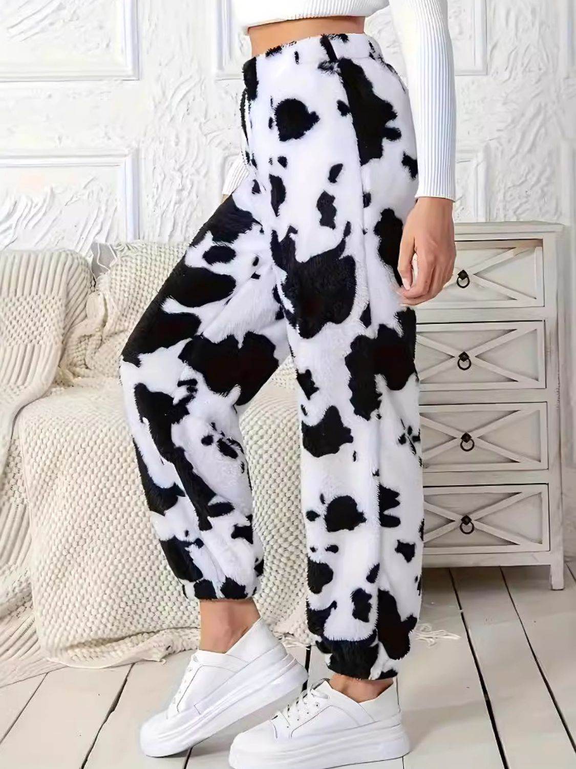 Fuzzy Cow Print Elastic Waist Pants - Delanoir