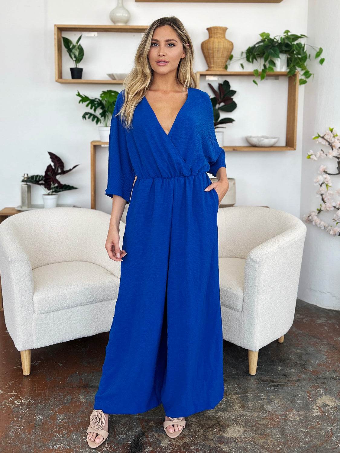 Double Take Full Size Surplice Wide Leg Jumpsuit with Pockets - Delanoir