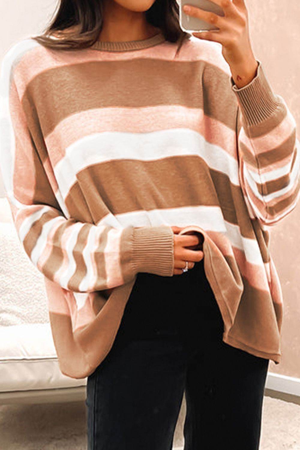 Striped Round Neck Long Sleeve Sweater - Delanoir