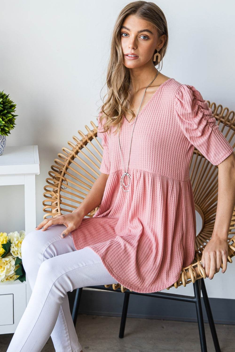 Heimish Full Size Waffle Knit V-Neck Babydoll Top - Delanoir