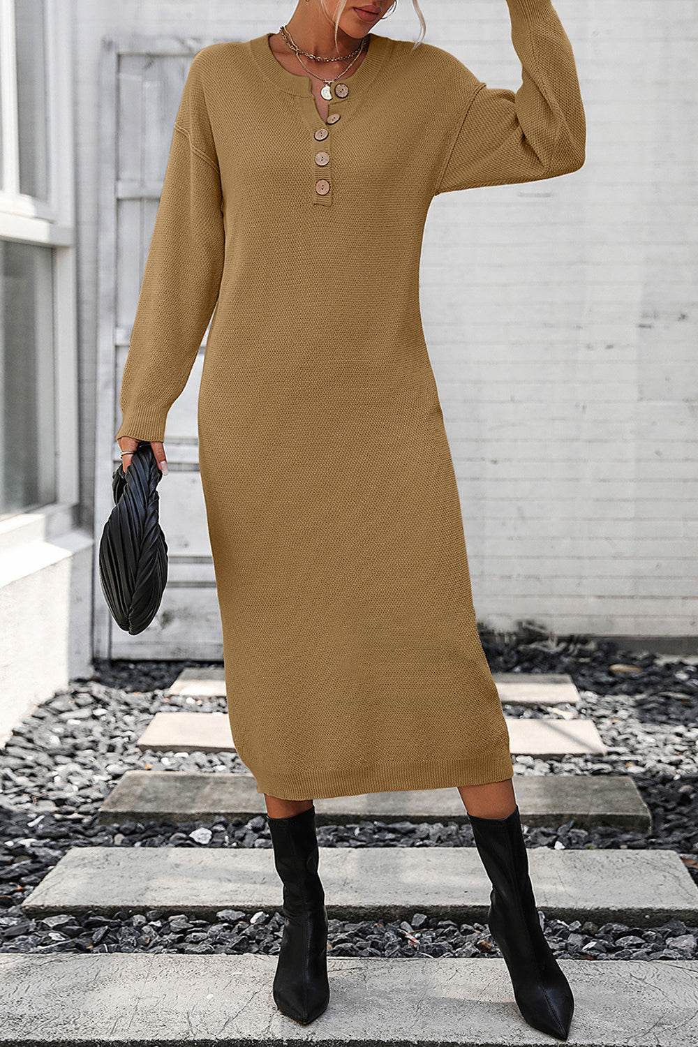 Decorative Button Notched Dropped Shoulder Sweater Dress - Delanoir