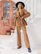 Lace Detail Collared Neck Top and Pants Set - Delanoir