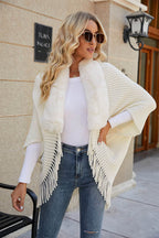 Fringe Detail Long Sleeve Ribbed Poncho - Delanoir