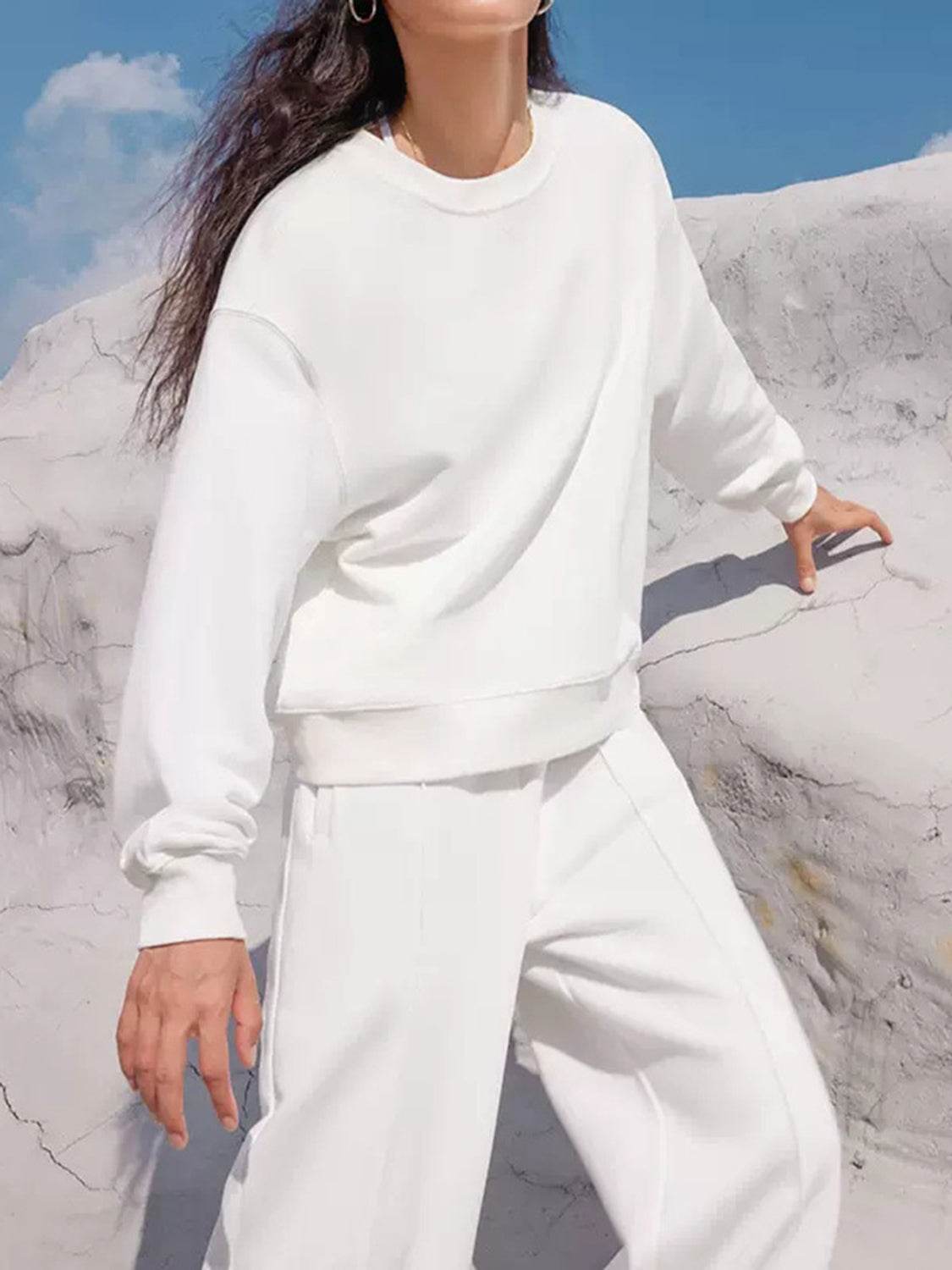 Round Neck Long Sleeve Top and Elastic Waist Pants Set - Delanoir