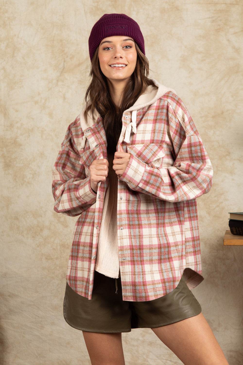 Drawstring Plaid Long Sleeve Hooded Jacket - Delanoir