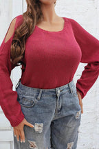 Plus Size Cold Shoulder Round Neck Sweater - Delanoir