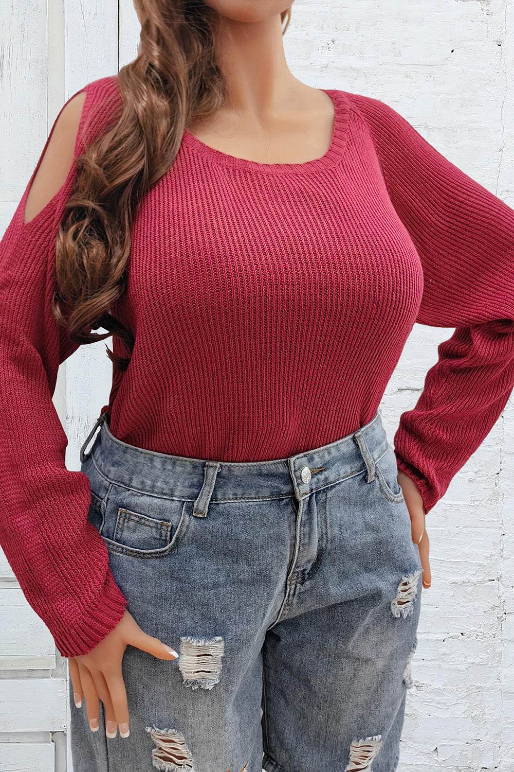 Plus Size Cold Shoulder Round Neck Sweater - Delanoir
