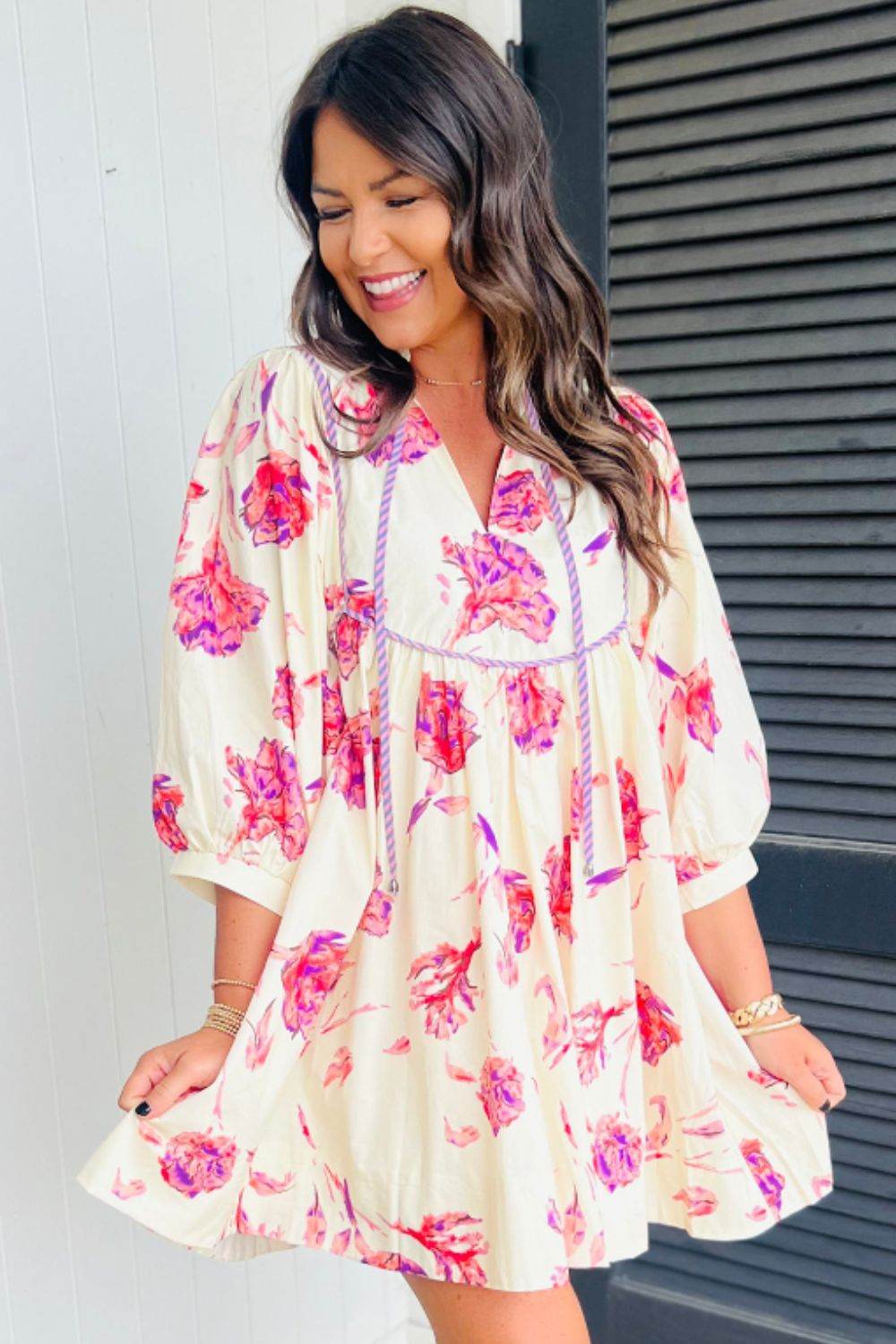 Tied Flower Printed Three-Quarter Sleeve Dress - Delanoir