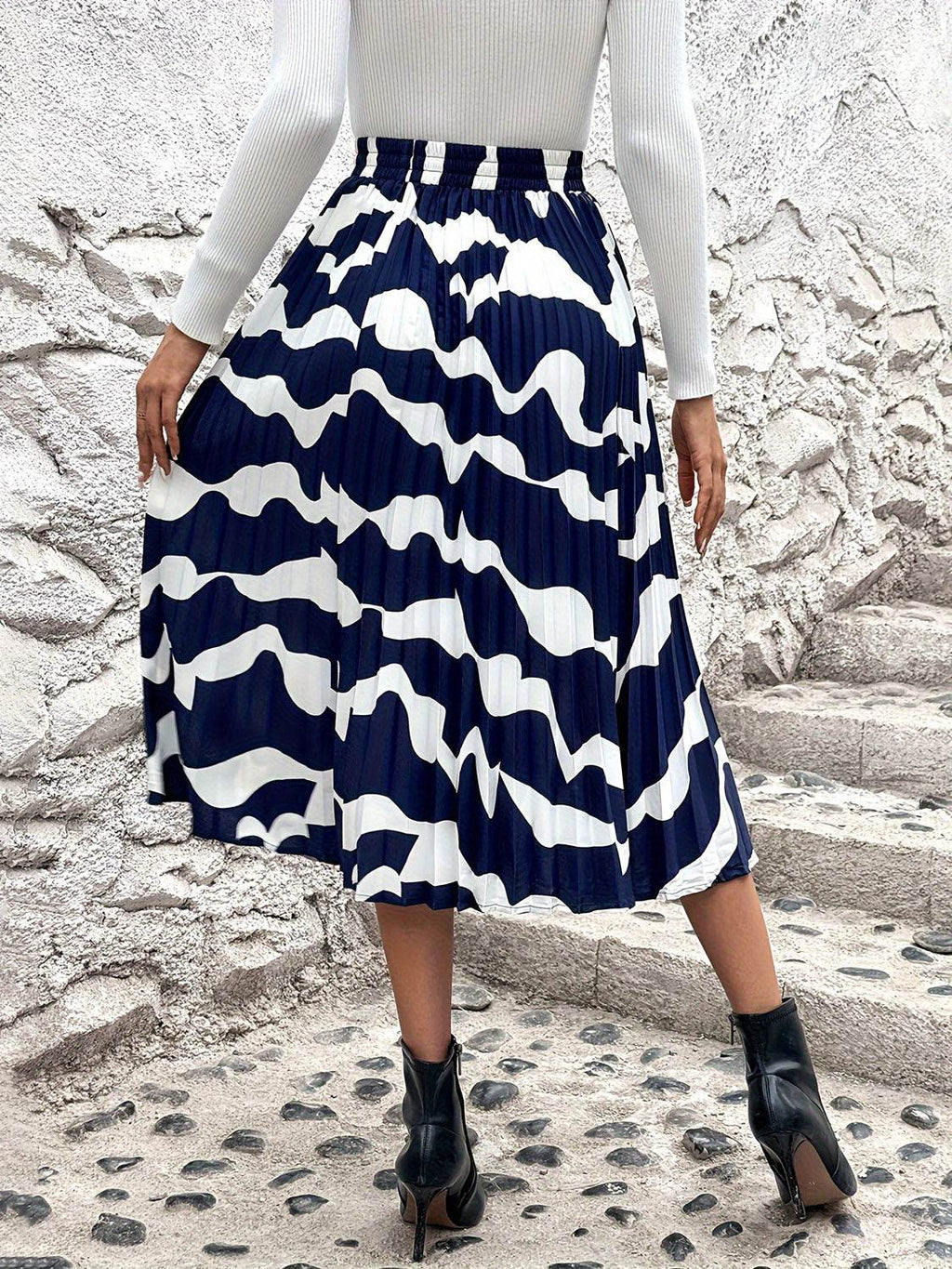Pleated Printed Elastic Waist Skirt - Delanoir