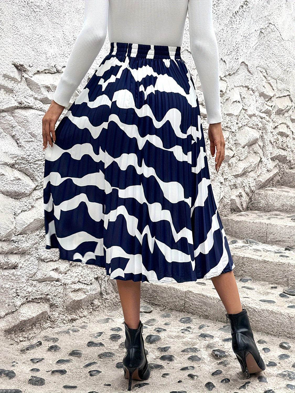 Pleated Printed Elastic Waist Skirt - Delanoir