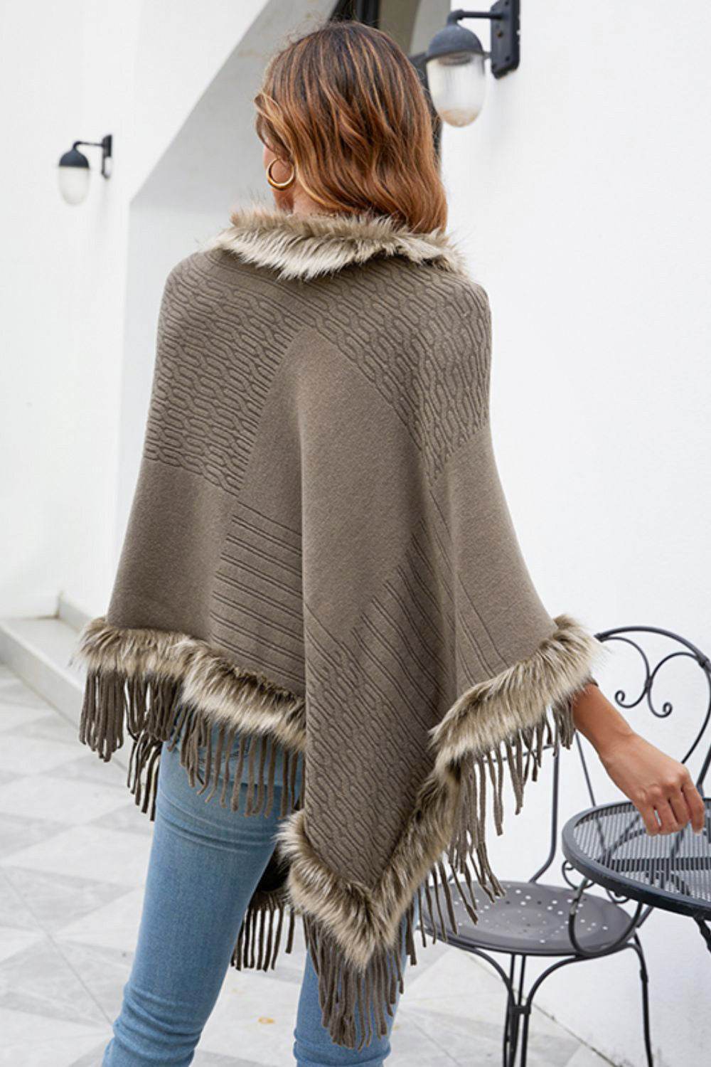 Faux Fur Trim Fringed Poncho - Delanoir