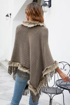Faux Fur Trim Fringed Poncho - Delanoir