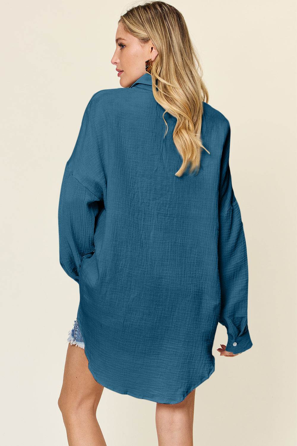 Double Take Full Size Pocketed Texture Button Up Shirt - Delanoir