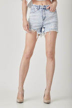 RISEN Raw Hem Distressed High Rise Denim Shorts - Delanoir