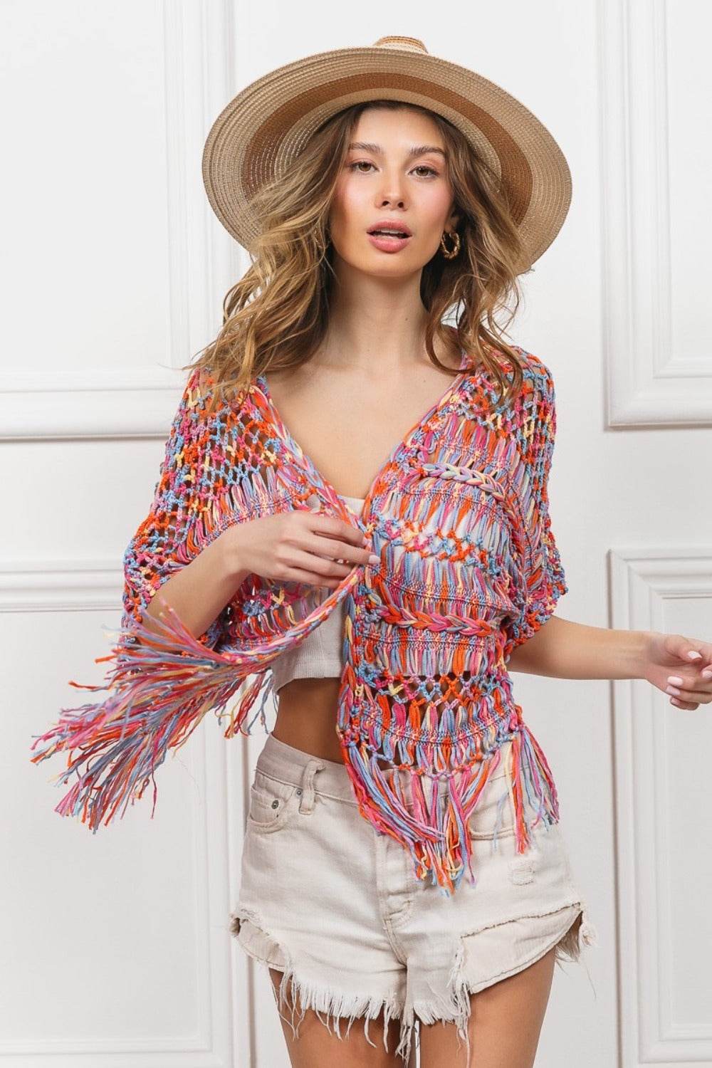 BiBi Open Front Fringed Crop Knit Cardigan - Delanoir