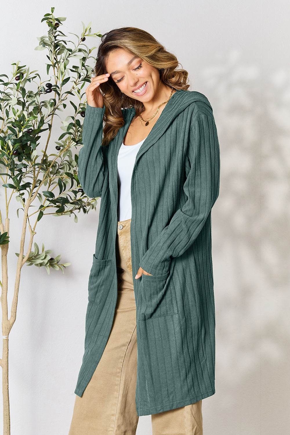 Basic Bae Full Size Hooded Sweater Cardigan - Delanoir