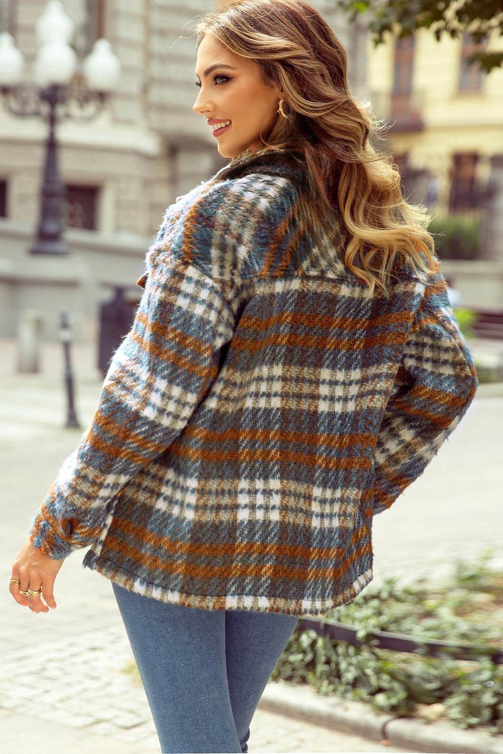 Plaid Collared Neck Jacket with Chest Pockets - Delanoir
