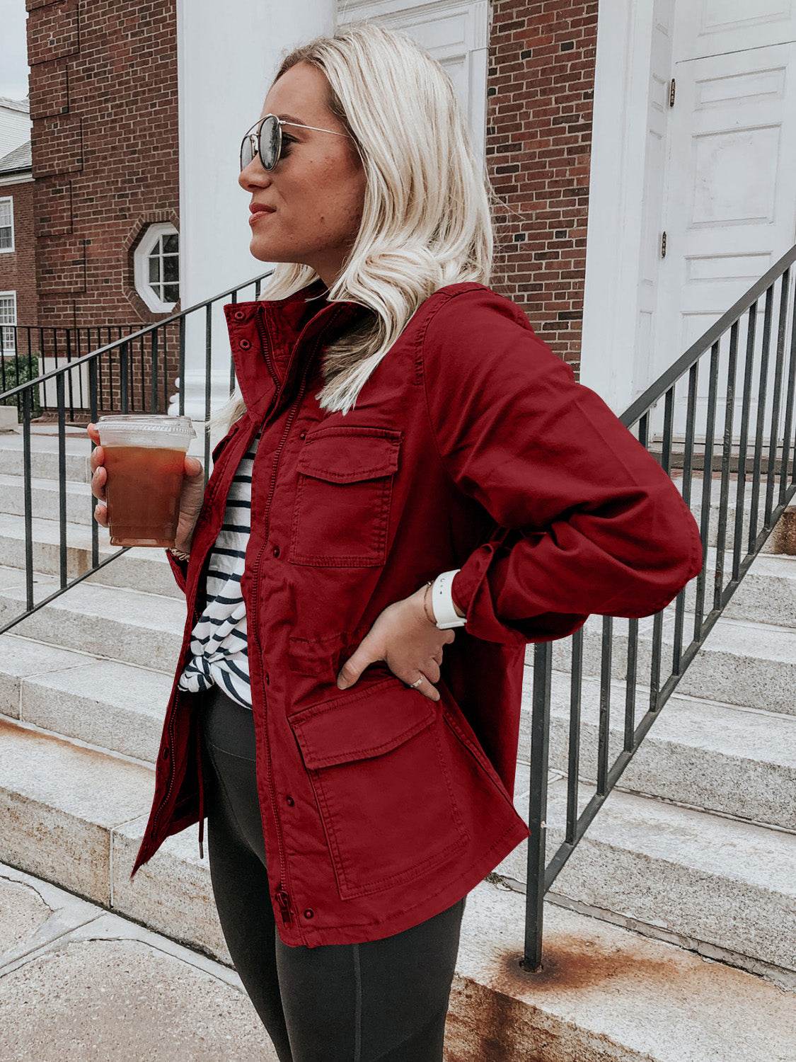 Pocketed Long Sleeve Zip Up Jacket - Delanoir