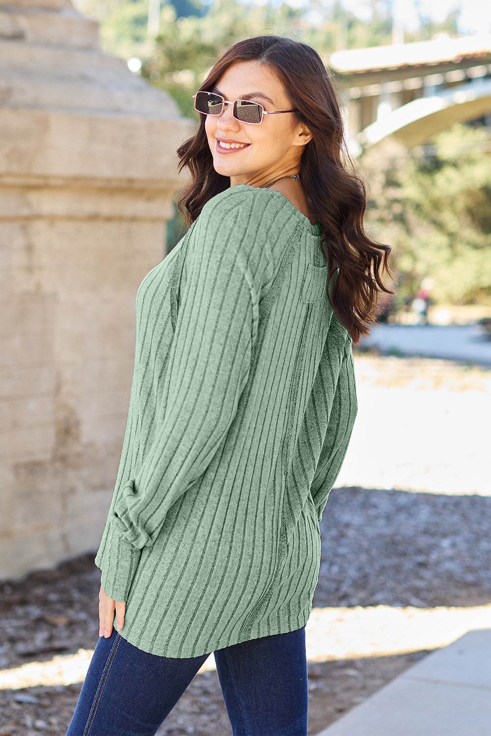 Basic Bae Full Size Ribbed Round Neck Long Sleeve Knit Top - Delanoir