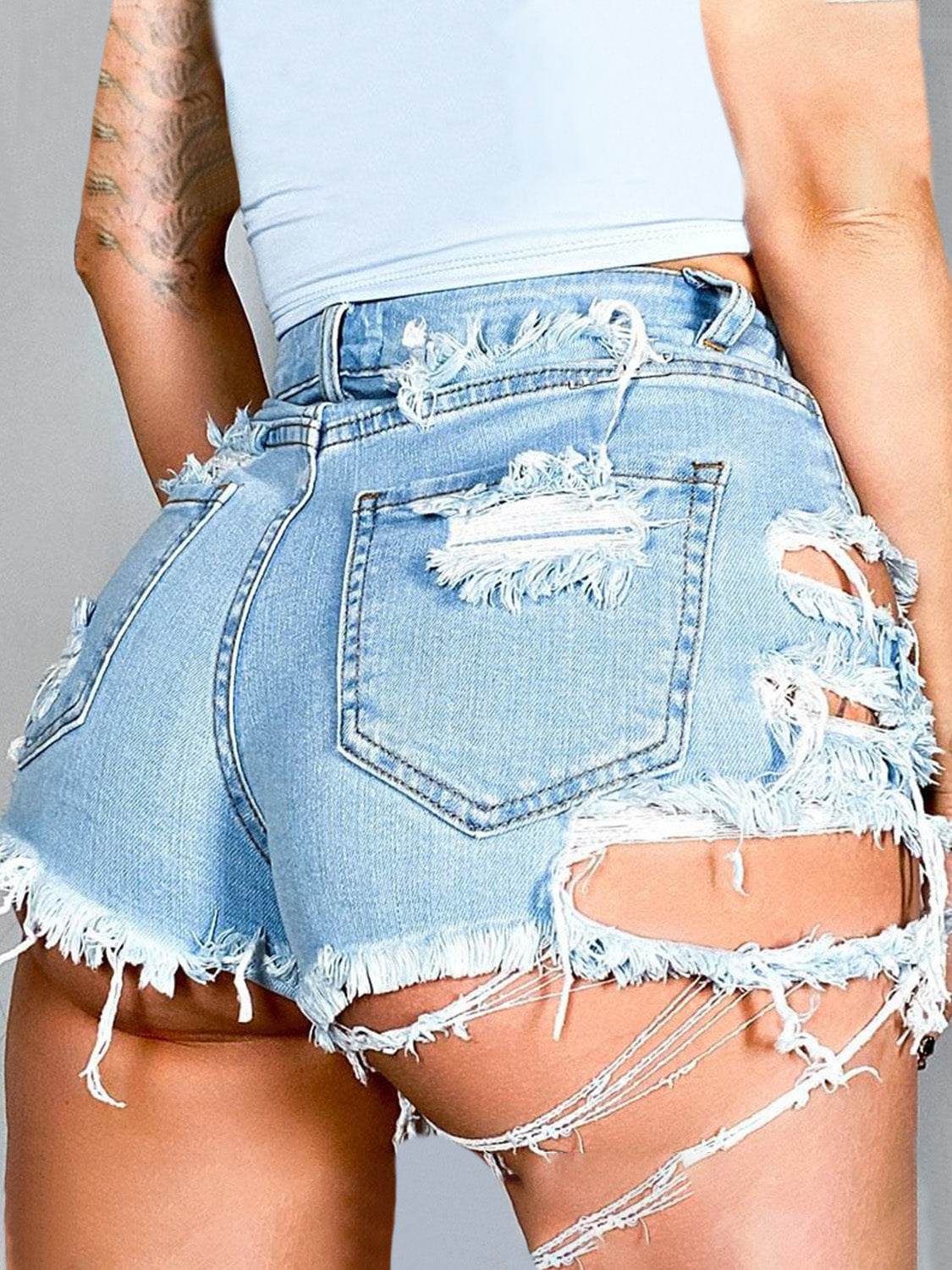 Distressed Raw Hem Denim Shorts with Pockets - Delanoir